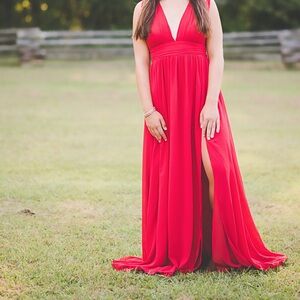 Lulu's Red Plunge Maxi Gown with Side Slit